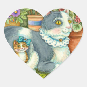 PEGATINA EN FORMA DE CORAZÓN MADRE CAT Y KITTEN, FLORES DE PUNTO, BOWS Y LACE