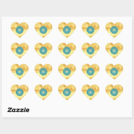 Pegatina En Forma De Corazón Mandala azul dorado sobre fondo de oro suave