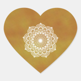 Pegatina En Forma De Corazón Mandalá blanco sobre fondo dorado