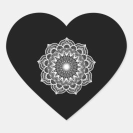 Pegatina En Forma De Corazón Mandalá blanco sobre fondo negro