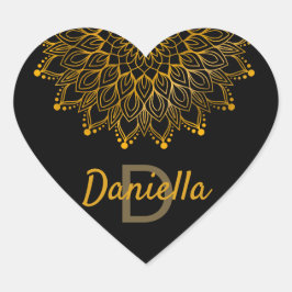 Pegatina En Forma De Corazón Mandala personalizada de oro de monograma inicial 