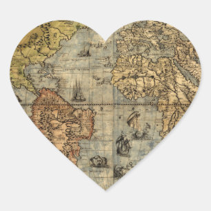 Pegatina En Forma De Corazón Mapa Antiguo del Mundo de Forlani de 1565 Cartogra