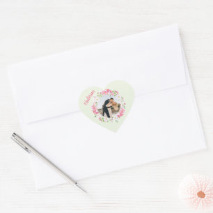 Pegatina En Forma De Corazón Marco floral de foto personalizada Apellido Pareja