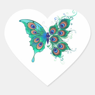 Pegatina En Forma De Corazón Mariposa con plumas de pavo real verde