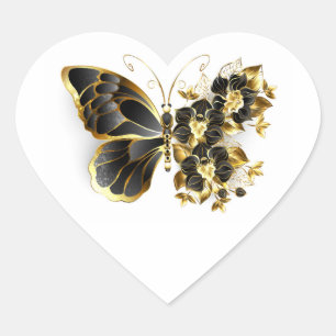 Pegatina En Forma De Corazón Mariposa de flor dorada con orquídea negra