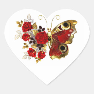 Pegatina En Forma De Corazón Mariposa de flor roja con rosas rojas