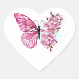 Pegatina En Forma De Corazón Mariposa de flores con Sakura rosa