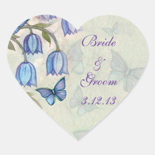 Pegatina En Forma De Corazón Mariposas acuarela y flores azules boda