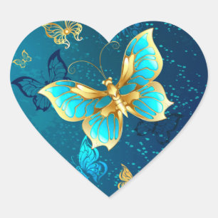 Pegatina En Forma De Corazón Mariposas doradas sobre fondo azul