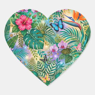 Pegatina En Forma De Corazón Mariposas Flores Fantasía Selvática Alegre
