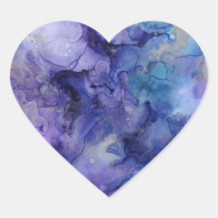 Pegatina En Forma De Corazón Mármol Acuarela Abstracto Azul y Púrpura