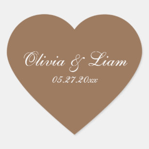 Pegatina En Forma De Corazón Marrón Nombre Fecha Boda Elegante