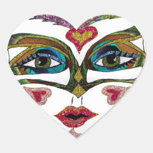 Pegatina En Forma De Corazón Máscara de plumas brillantes Colorido Mardi Gras