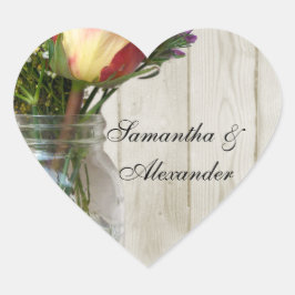 Pegatina En Forma De Corazón Mason Jar w/Rosa y Wildflowers