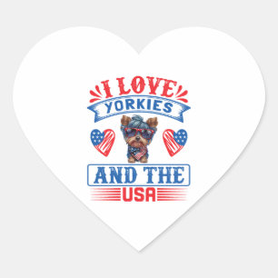 Pegatina En Forma De Corazón Me encantan los Yorkies y los Estados Unidos 01