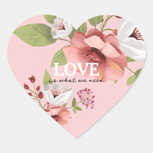 Pegatina En Forma De Corazón Mensaje de amor con flores rosadas personalizado