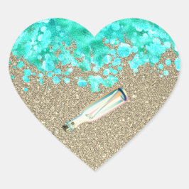 Pegatina En Forma De Corazón Mensaje de playa en una botella océano y oro verde