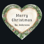 Pegatina En Forma De Corazón Merry Christmas Slice Wood Heart Wreath Personaliz<br><div class="desc">Espero que disfrutes de esta forma de acuarela de corazón cortada de madera con guirnaldas de Navidad y bayas rojas y agujas de pino.</div>