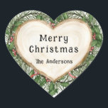 Pegatina En Forma De Corazón Merry Christmas Slice Wood Heart Wreath Personaliz<br><div class="desc">Espero que disfrutes de esta forma de acuarela de corazón cortada de madera con guirnaldas de Navidad y bayas rojas y agujas de pino.</div>