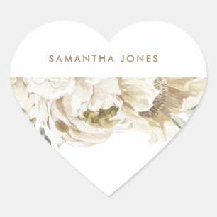 Pegatina En Forma De Corazón Minimalista Moderno Blanco Peonía Floral Acuarela