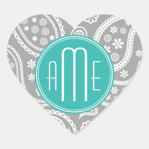 Pegatina En Forma De Corazón Moda Patrón de paisley gris floral y monograma azu