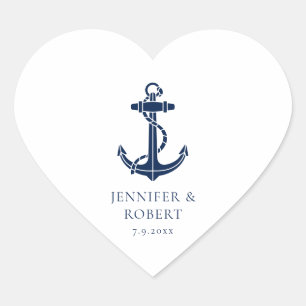 Pegatina En Forma De Corazón Moderno Personalizado de Boda Anchor Beach Wedding