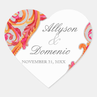 Pegatina En Forma De Corazón Moderno Swirl Flourish Heart Tangerine Hot Pink