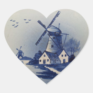 Pegatina En Forma De Corazón Molino de viento azul vintage Delft