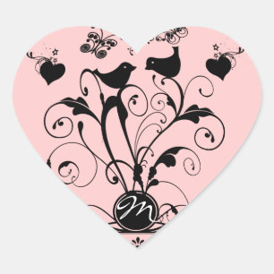 Pegatina En Forma De Corazón Monograma Bodas Pájaros Corazones Remolinos