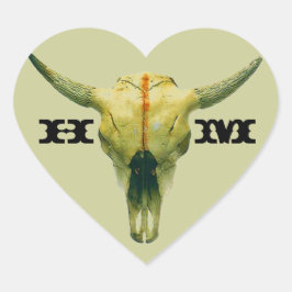 Pegatina En Forma De Corazón Monograma de cráneo de vaca de rancho personalizad