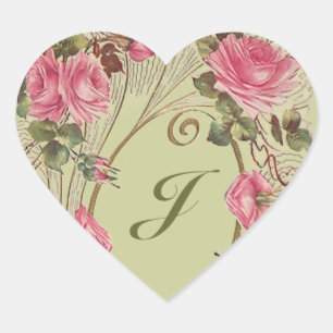 Pegatina En Forma De Corazón Monograma de Rosas de pegatina personalizado