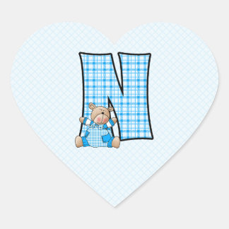Pegatina En Forma De Corazón Monograma del oso azul con una letra grande N