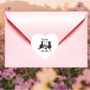 Pegatina En Forma De Corazón Monograma enviado con amor Gato blanco negro