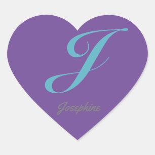 Pegatina En Forma De Corazón Monograma Letra cursiva J caligrafía azul púrpura