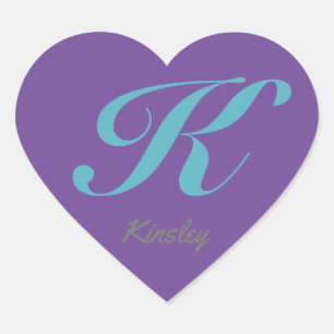 Pegatina En Forma De Corazón Monograma Letra cursiva K azul caligrafía púrpura