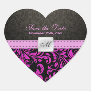 Pegatina En Forma De Corazón Monograma morado Damask Save the Date pegatinas