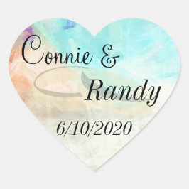 Pegatina En Forma De Corazón Monograma Pegatina de bodas en la playa con anillo