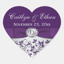 Pegatina En Forma De Corazón Monograma Pegatina del Favor de la Boda Floral Gri