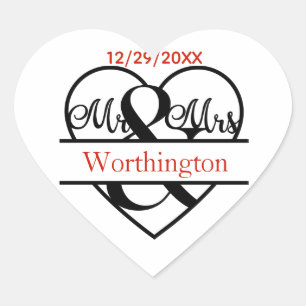 Pegatina En Forma De Corazón Monograma Sr. y Sra. Wedding Pegatinas a favor