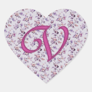 Pegatina En Forma De Corazón Monograma Vintage Floral V