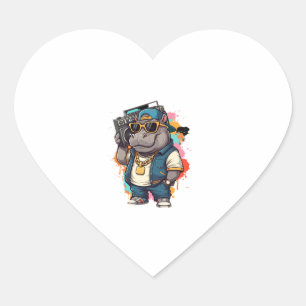 Pegatina En Forma De Corazón Moo Deng Shirt Moo Deng Hippo Hip Hop Boombox Gang
