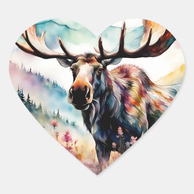 Pegatina En Forma De Corazón Moose in Wildflowers acuarela (Anverso)