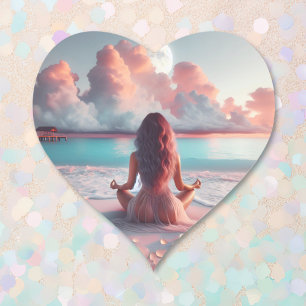 Pegatina En Forma De Corazón Mujer hermosa meditando en Beach Blank