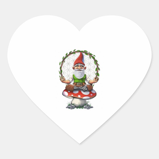 Pegatina En Forma De Corazón Mushroom Gnome Yoga (Anverso)
