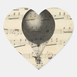 Pegatina En Forma De Corazón Música vintage y globos antiguos de aire caliente