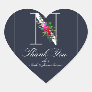 Pegatina En Forma De Corazón N Monograma Último Boda floral azul moderno inicia