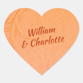 Pegatina En Forma De Corazón Naranja quemado de arte de línea deja a Ombré Boda