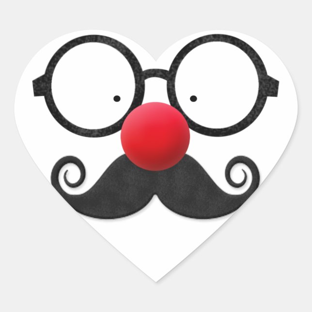 Pegatina En Forma De Corazón Nariz roja graciosa, bigote negro con gafas (Anverso)