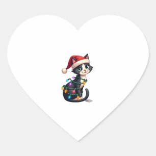 Pegatina En Forma De Corazón Navidades Cat Tuxedo gato negro gatito luces gatit