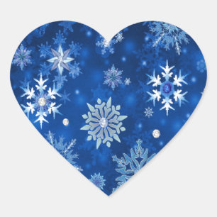 Pegatina En Forma De Corazón Navidades Copos de nieve azules y plateados